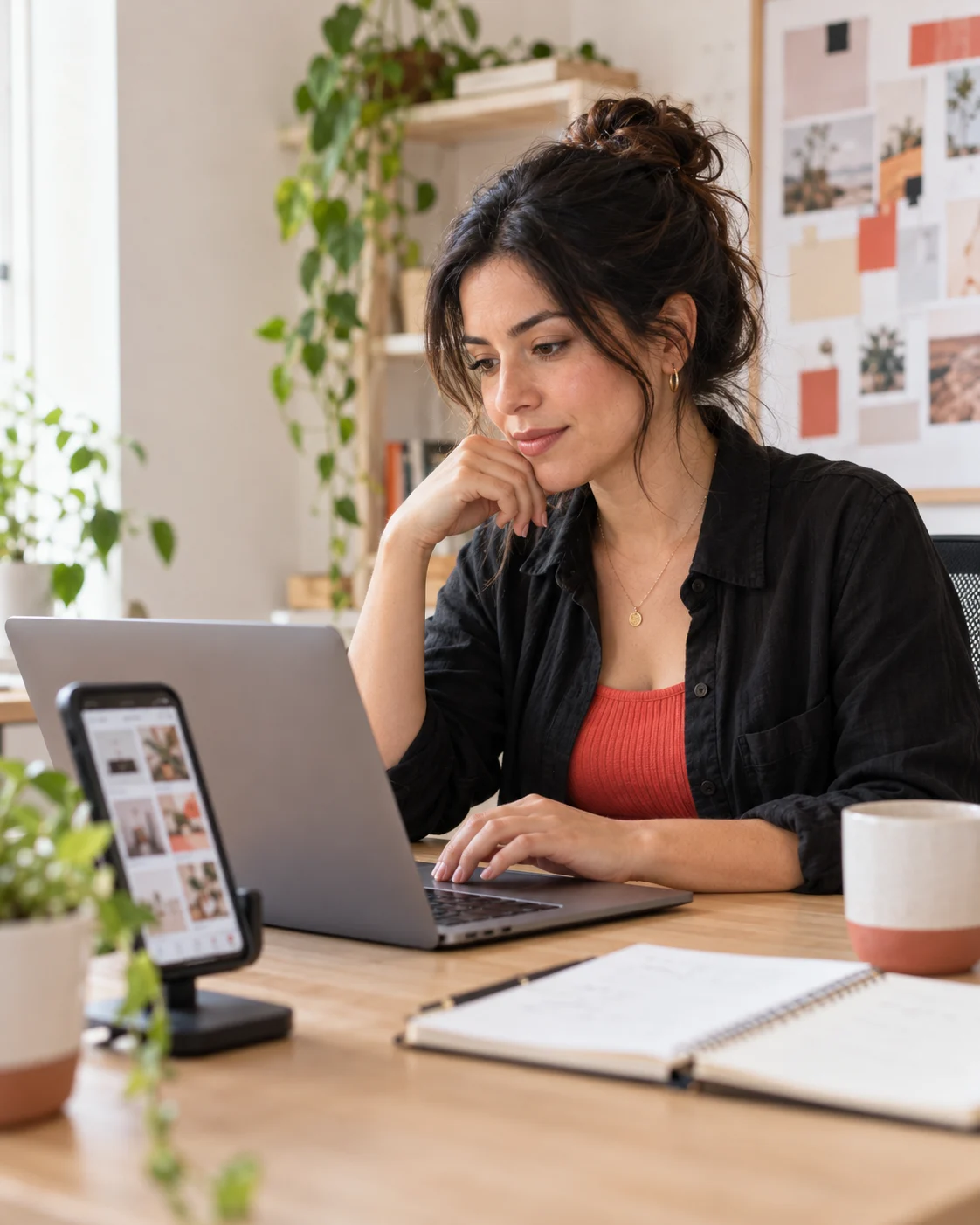 Profesional revisando contenido para redes sociales en su laptop. Imagen ilustrativa generada con IA.